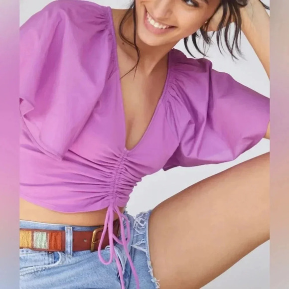 Anthropologie Maeve Pink Purple Flutter Sleeve Crop Top Size XS - Picture 2 of 7